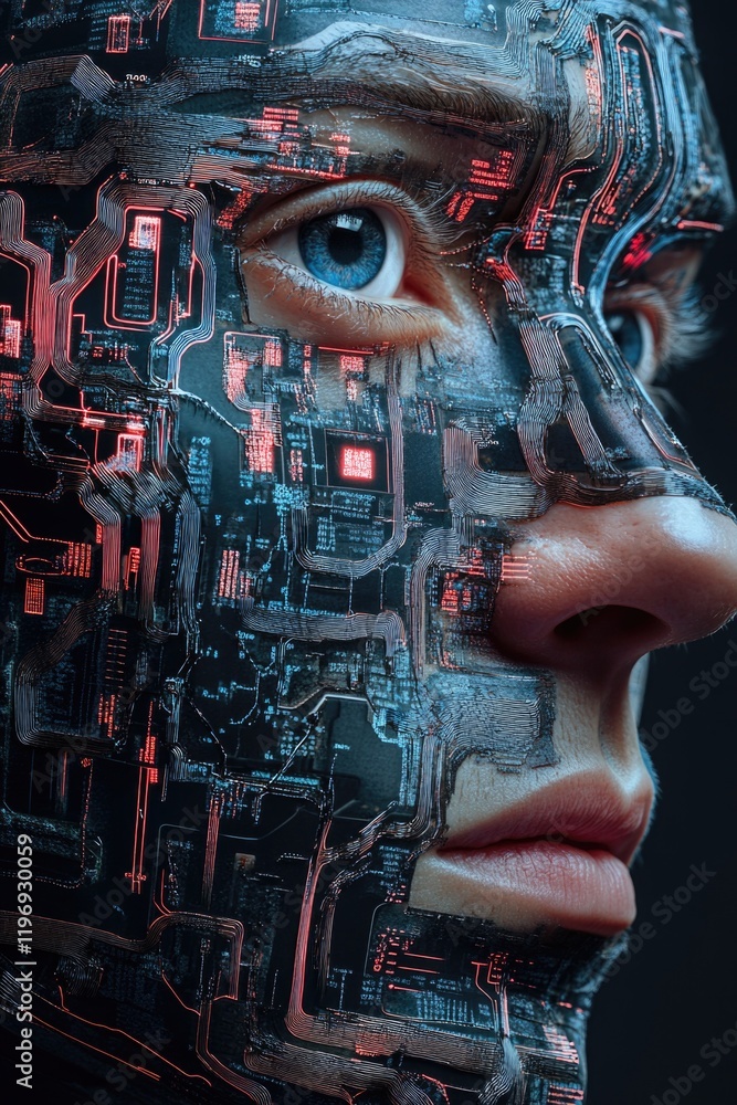 Poster a cyborg with a circuit pattern face, symbolizing the merging of human and machine.