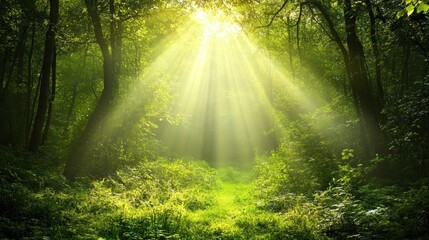 Obraz premium Sunbeams Illuminating a Lush Green Forest Path