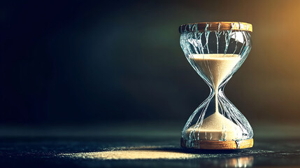 Dramatic closeup of a cracked hourglass with sand flowing, set against a dark moody background.  Perfect for concepts of time, fragility, urgency, and the passage of time.