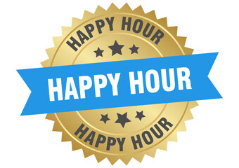 happy hour. happy hour round blue and gold label isolated on transparent background