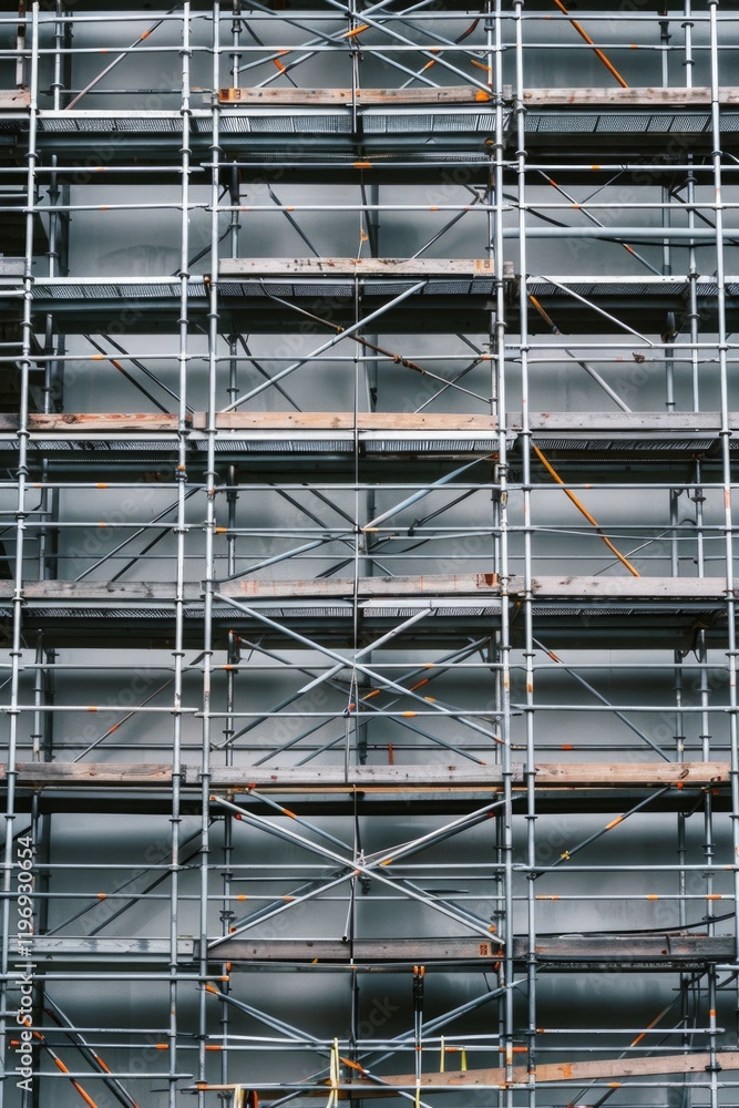 Poster steel scaffolding on the side of a building. a construction site image showing vertical support beam