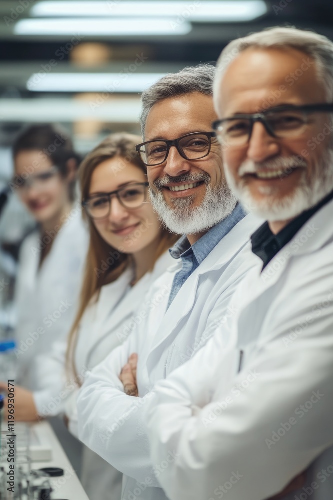 Poster three scientists in lab coats working together at a lab bench with beakers and test tubes.