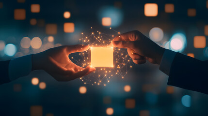 A vibrant image of hands exchanging a glowing digital data cube, symbolizing collaborative sharing of information. The cube is connected to a web of light and floating icons, representing various