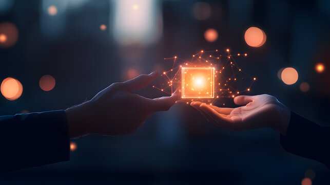 A vibrant image of hands exchanging a glowing digital data cube, symbolizing collaborative sharing of information. The cube is connected to a web of light and floating icons, representing various