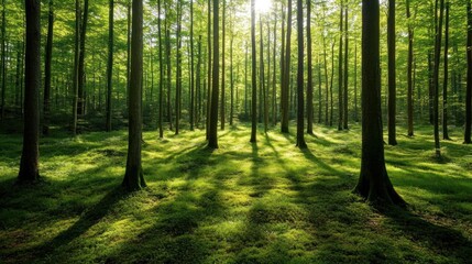 Fototapeta premium Sunlit Forest Path: A Tranquil Scene of Nature's Serenity