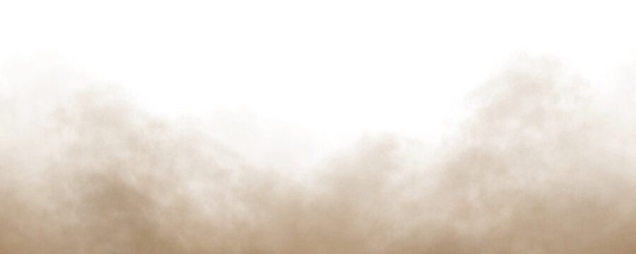 Dust sand soil smoke cloud particles isolated on transparent white background. Brown sandstorm smog sand dust explosion rising. Design elements for Compositing, covering, overlay, PNG
