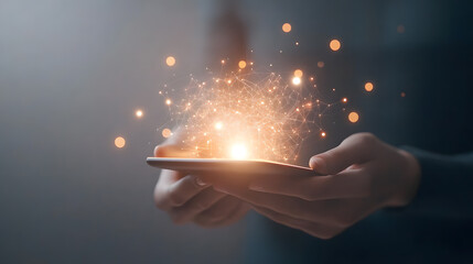 A close-up of hands holding a glowing digital tablet, with holographic data charts and graphs projecting outward. Surrounding the tablet are shimmering lines of light connecting to smaller floating