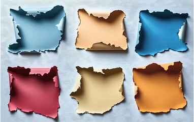 Fototapeta premium Set of six torn vintage colored paper pages, aged curled edges, isolated on white background.