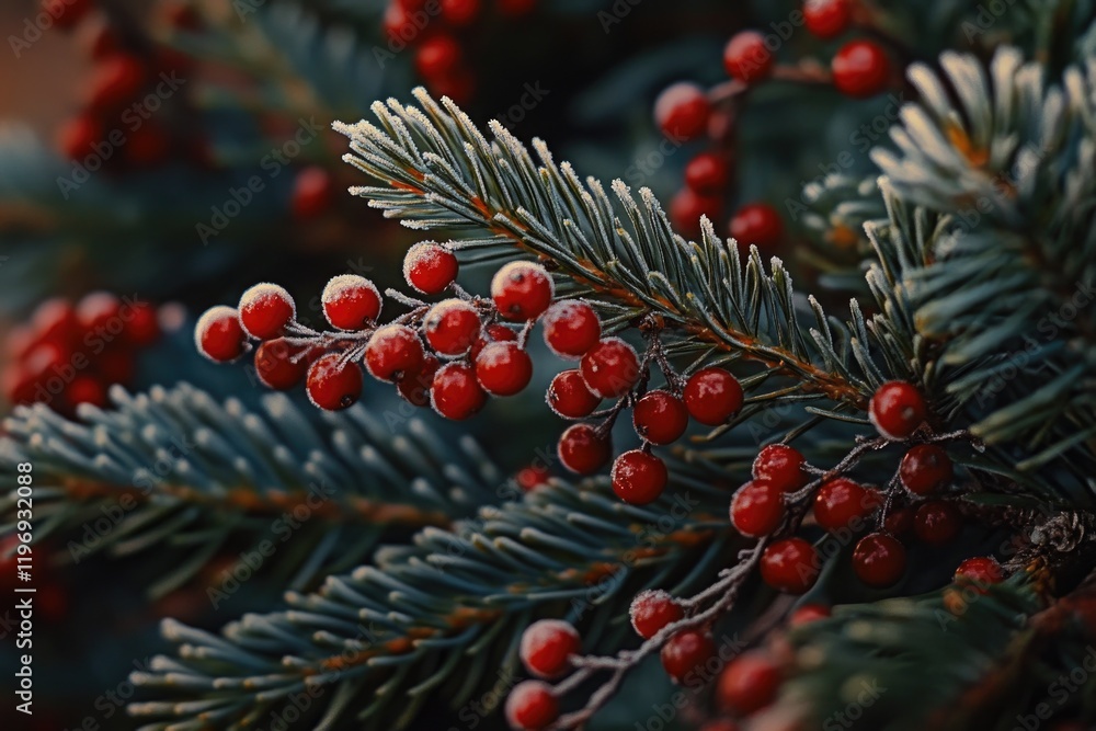 Poster a close-up view of a pine tree branch with bright red berries