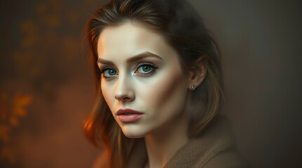 Naklejka premium Portrait of a woman with makeup, cosmetics and contour on a studio background. Warm autumnal colors, thick foggy surroundings, low visibility, earthy and cozy atmosphere, creating a mysterious and moo