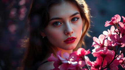 Fototapeta premium Rich burgundy and deep blue. A contemplative young woman with adorable, charming features and fair skin delicately poses with blooming flowers in soft light. Mystic, enchanting environment, gentle col