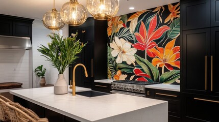A chic kitchen setup with a monochrome design and a colorful floral accent.