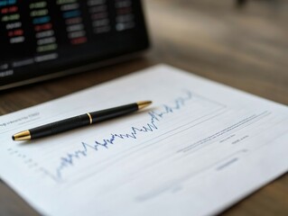 A financial document with a pen resting on top, capturing a close-up view of a stock market chart and suggesting the importance of analysis and planning in finance.