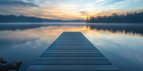 Naklejka premium Dreamy sunset on a tranquil lake with mist, featuring the wooden dock as a focal point. Perfect for relaxation or photography enthusiasts.
