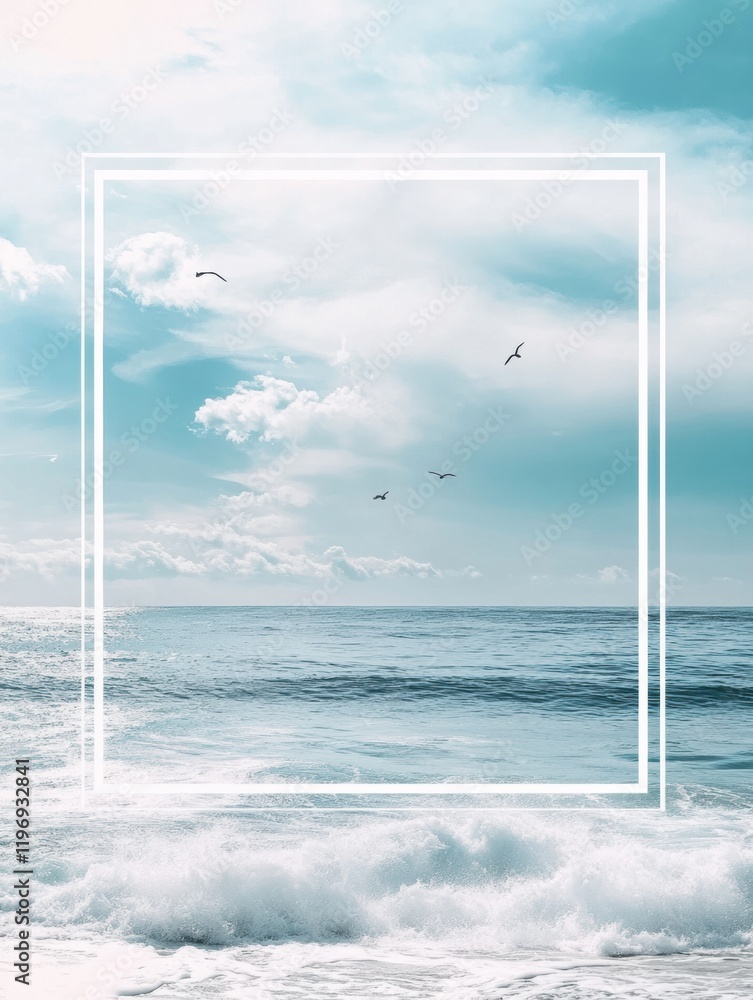 Poster Inviting coastal landscape with space for text and serene ocean waves under a clear sky. Generative AI