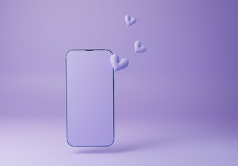Technology Love concept. Monochrome Purple Lilac 3D Phone with Blank Screen with floating hearts. Minimal 3D rendering with copy space for text and product display.