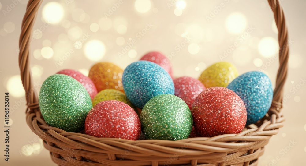 Poster sparkling multicolored easter eggs in woven basket with soft bokeh background