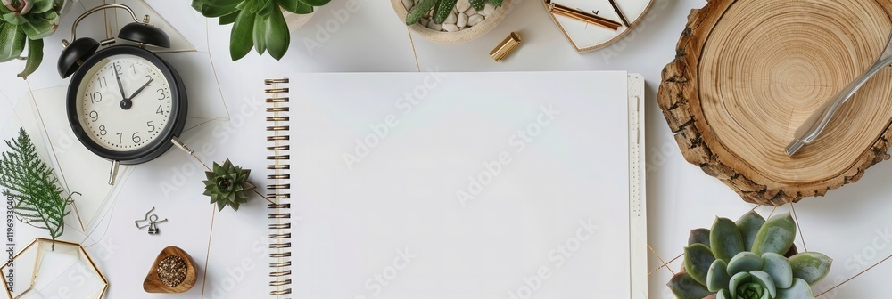 Wall mural a white desk with an open notebook, a pencil sharpener and plants on the side. a clock is visible in