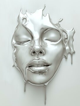 Abstract Silver Face Sculpture With Melting Features in Surreal Futuristic Design