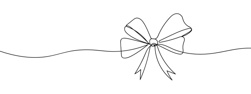 Ribbon bow tied at edge of frame, line art, vector on transparent background.