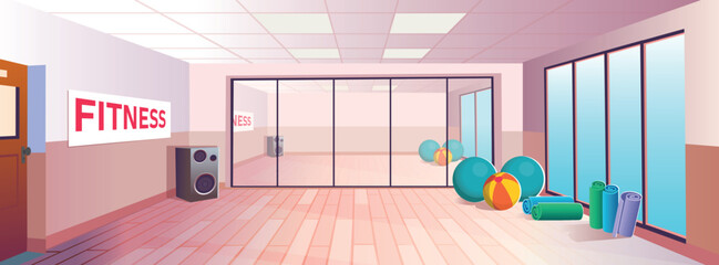 Cartoon fitness room interior, doing morning exercises, doing sports, doing exercises, fitness, dancing, sports. Flat Vector Illustration.