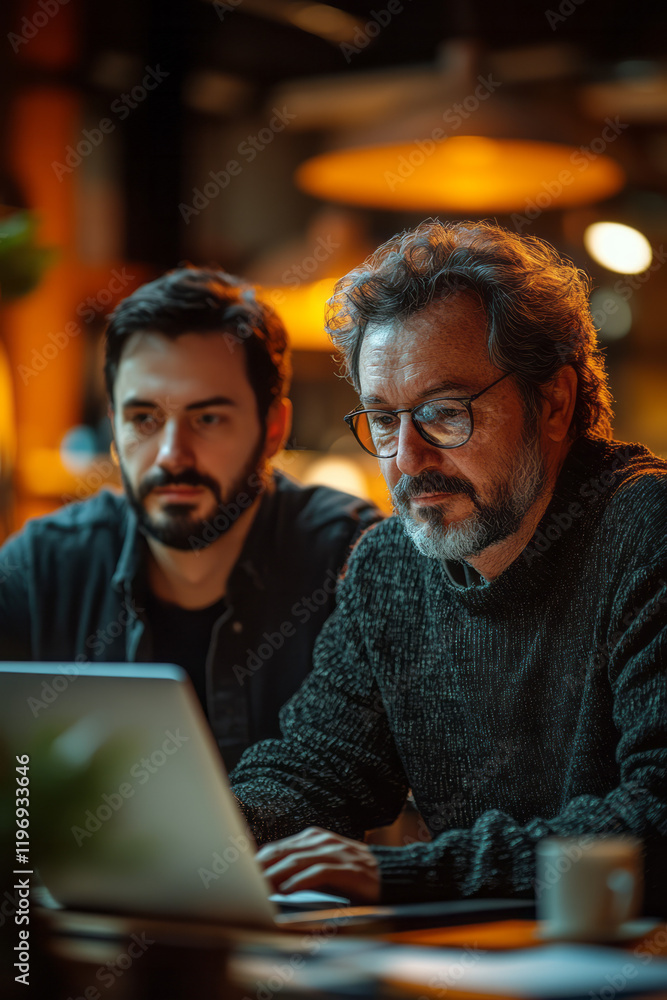 Poster a mentor guiding a junior employee through a coding challenge on a shared laptop, lively office sett