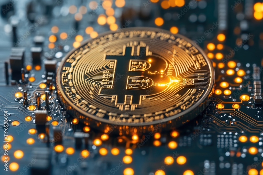 Poster a close-up shot of a bitcoin on a computer motherboard, suitable for use in technology or financial 