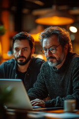 A mentor guiding a junior employee through a coding challenge on a shared laptop, lively office setting in the background,