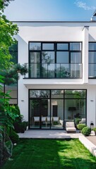 A white modernist townhouse with large windows and green lawn