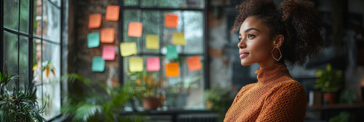 An established professional updating their profile on a career networking site at a standing desk, motivational post-it notes on the monitor,