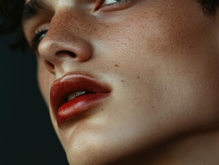 Fototapeta premium The image is a close-up portrait of a young model with distinctive makeup. The focus is on the lips and eyes, showcasing the use of pigmentation to enhance natural beauty.