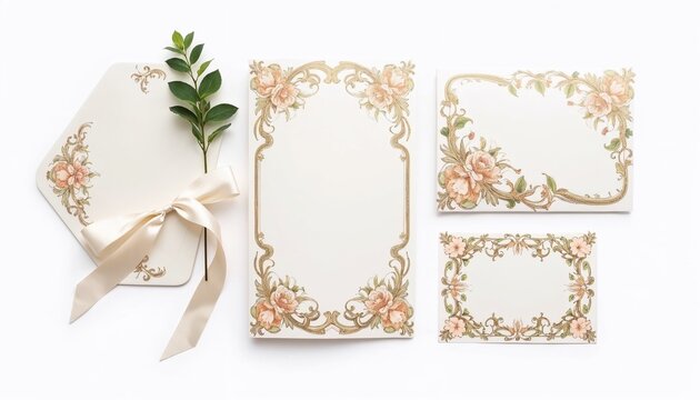 Rococo-inspired stationery set with ornate gold floral designs, ivory ribbon, and greenery accents on a white background