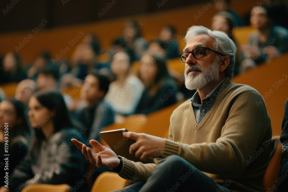Poster seated in front row of audience, man with beard focuses intently on speaker.