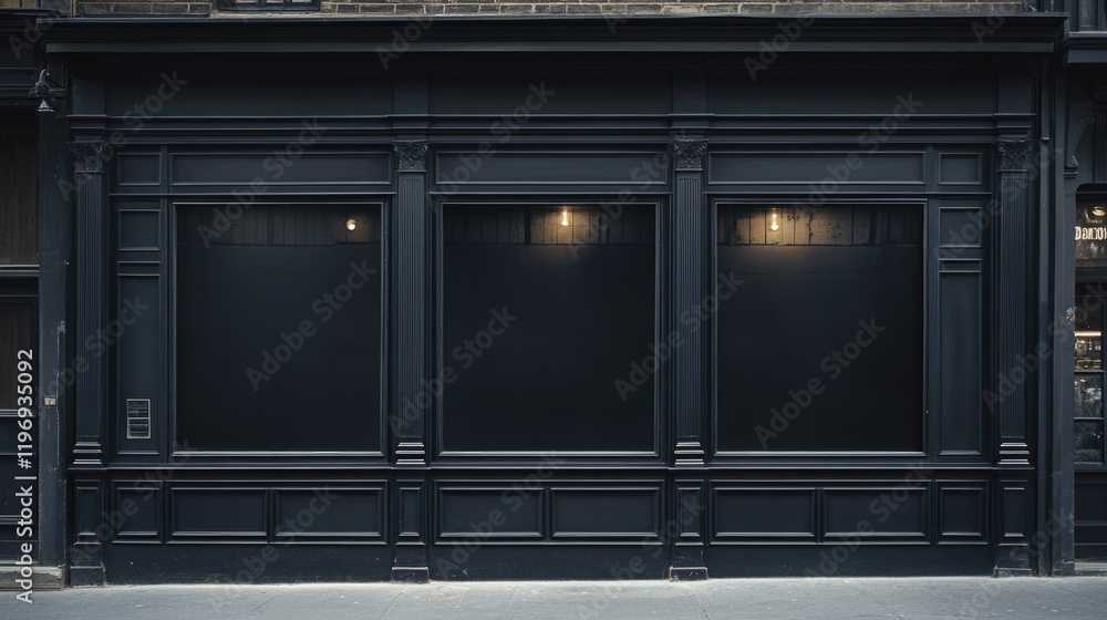 Poster black storefront with three windows and a sign on the front. the windows are all black and the sign 