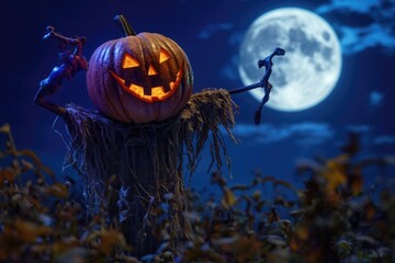 Fototapeta premium A carved pumpkin sits alone in a field, illuminated by the light of a full moon
