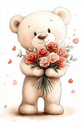 Cute bear holding a bouquet of roses with heart elements in a soft pastel setting
