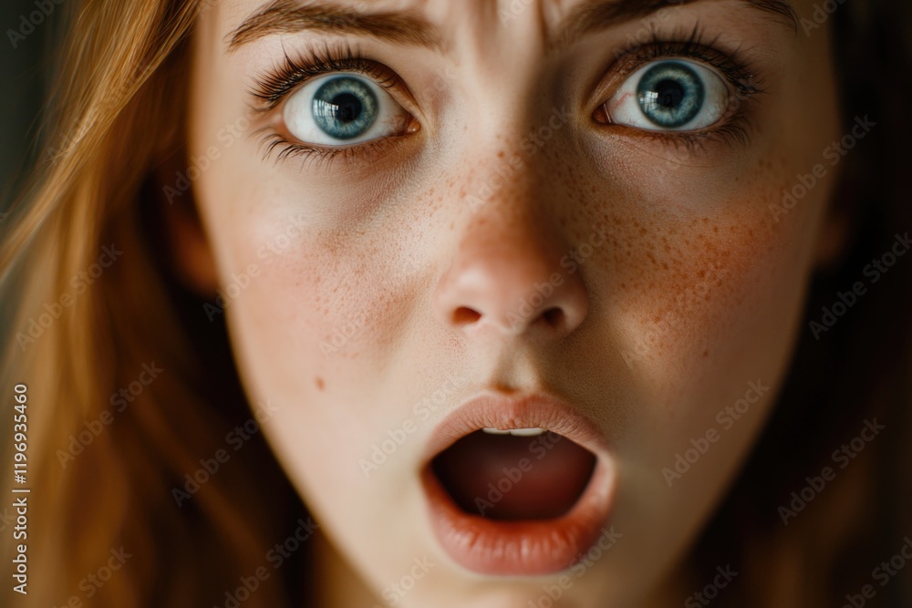 Poster a close-up shot of a woman showing surprise and astonishment, perfect for use in various contexts wh