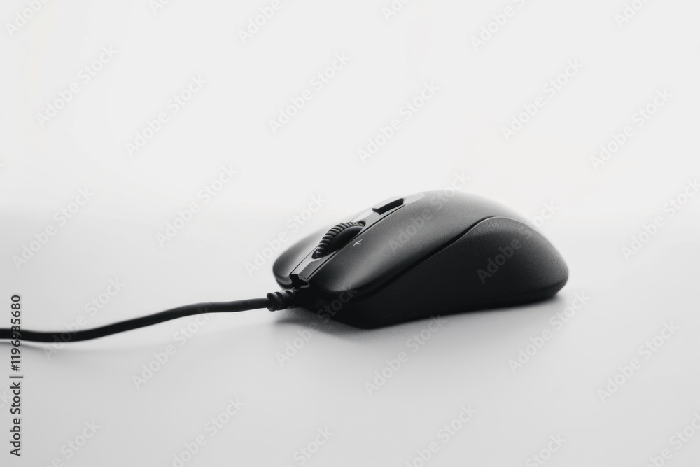 Poster a sleek black wireless gaming mouse resting on a white surface, emphasizing its design and functiona