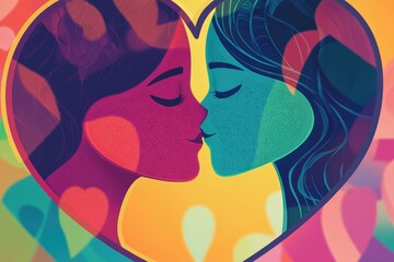 Two people embracing and exchanging romantic gestures within a heart-shaped outline