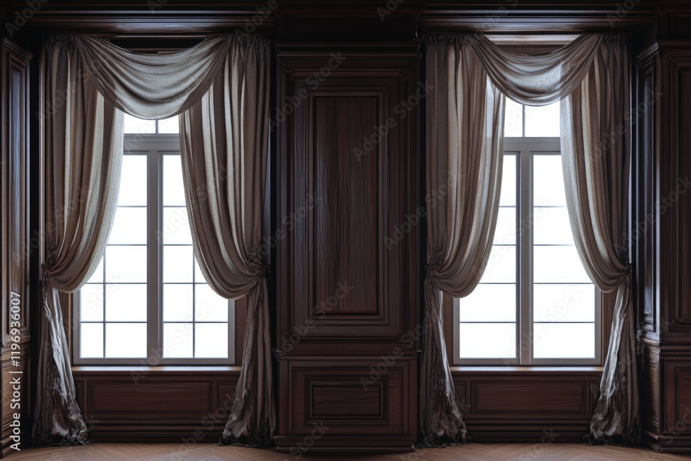 Aufkleber two large windows with curtains drawn, creating a sense of privacy and elegance. the curtains are dr