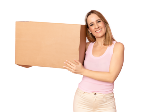 post, package and delivery concept - smiling woman in casual clothes with a box over transparent background. PNG transparent.