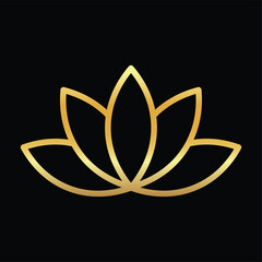 Golden Lotus flower icon. Luxury Logo Symbol for eco, beauty, zen, spa, yoga, massage, medical companies. Gold blooming lotus flower icon isolated on black background, vector illustration EPS 10. 