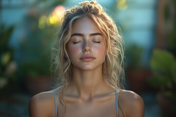 A woman with her eyes closed in meditation, focused on her inner self