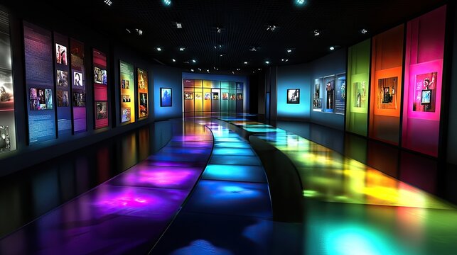 A colorful and dynamic D rendering of an exhibition showcasing interactive displays.