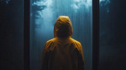Rainy Night Window Solitary Figure in Yellow Raincoat Contemplating