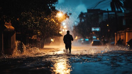 Fototapeta premium Nighttime Flood Scene Person Walking Through Heavy Rain