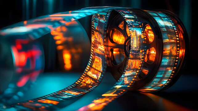 Movie reel with scenes projected onto film strip, conceptual cinema art