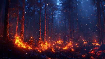 Fototapeta premium Forest fire erupts in dense woods captured in dramatic night scene highlighting environmental crisis