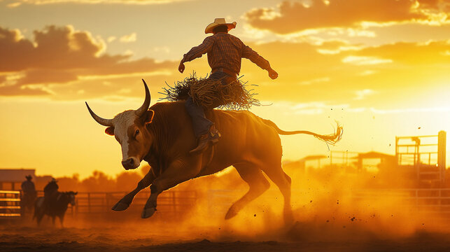 A cowboy bravely rides a bucking bull at a lively rodeo competition under a golden sunset