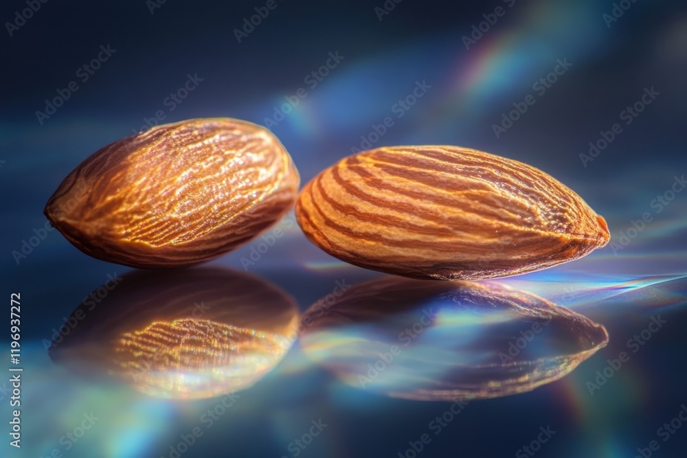 Poster close-up of two almonds resting on a reflective surface with colorful light effects